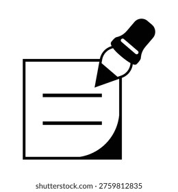 A simple black and white icon of a pencil writing on a notepad with lines, minimalistic design