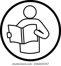 Simple black and white icon of a person holding and reading an open book, enclosed in a circle. Ideal for educational, instructional, library, or literacy-themed designs and projects