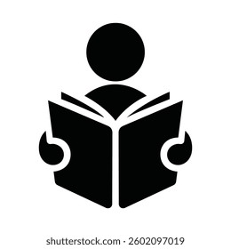 Simple black and white icon of a person holding an open book.