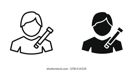 Simple black and white icon of a person holding a baseball bat in a silhouette style, minimalist design for various uses.
