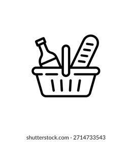 Simple black and white icon of a picnic basket with a bottle and baguette