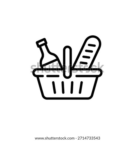 Simple black and white icon of a picnic basket with a bottle and baguette