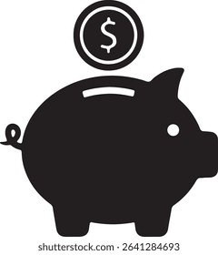 Simple black and white icon of a piggy bank with a dollar coin on top.  Perfect for finance, savings, and money-related concepts.  Clean and minimalist design.