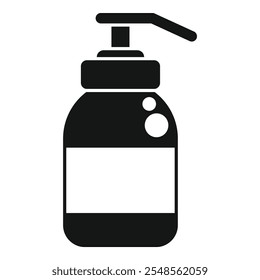 Simple black and white icon of a plastic bottle with a dispenser pump, useful for representing soap, shampoo or shower gel