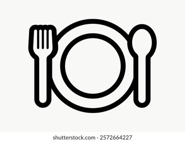 Simple black and white icon of a plate with a fork and spoon. Dining essentials: plate, fork, spoon. Minimalist design of plate, fork, and spoon.