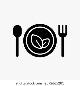 Simple black and white icon of a plate with leaves, spoon, and fork. Plate with leaves, spoon, and fork create a minimalist dining symbol. Simple icon vector element. Catering services.