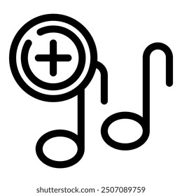 Simple black and white icon of a plus sign adding a music note to a playlist