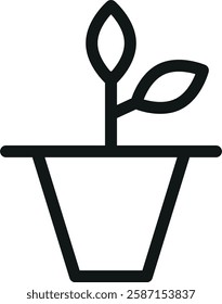 Simple black and white icon of a potted plant with two leaves, one larger and one smaller, in a trapezoidal pot. Growth, nature, gardening