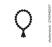 A simple black and white icon of prayer beads with a tassel. This vector graphic represents a spiritual tool used for meditation and religious devotion.