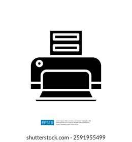 A simple black and white icon of a printer with a sheet of paper emerging from it, representing printing technology and document production.