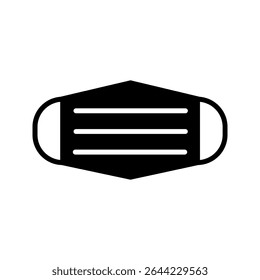 Simples ícone preto e branco de uma máscara facial protetora, representando saúde, higiene e segurança. Ideal para conteúdo médico, projetos relacionados à saúde, consciência da pandemia e instruções de segurança.