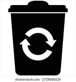 Icono blanco y negro simple de una papelera de reciclaje con un símbolo de flecha circular.