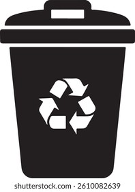 Simple, black and white icon of a recycling bin with a recycling symbol.