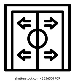 Simple black and white icon representing automatic double sliding doors opening and closing, with arrows indicating movement and a circle in the center