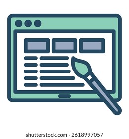 A simple black and white icon representing website design and development. A screen with layout and a paintbrush are depicted.
