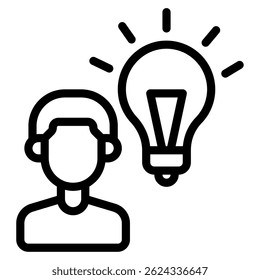 Simple black and white icon representing innovation, imagination, and brainstorming for creative and educational content.