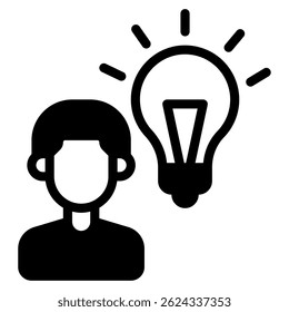 Ícone simples em preto e branco que representa inovação, imaginação e brainstorming para conteúdo criativo e educacional.