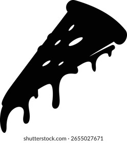 Icono blanco y negro simple que representa una rebanada de pizza con queso goteando, perfecto para diseños relacionados con la comida