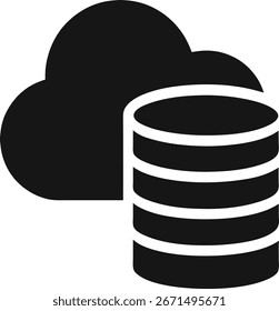 Un simple icono en blanco y negro que representa una nube y una base de datos, simbolizando el almacenamiento en la nube y la gestión de datos. Aislado sobre un fondo blanco limpio para mayor versatilidad.