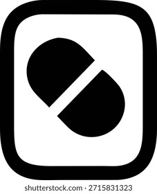 Icono blanco y negro simple que representa dos píldoras o cápsulas divididas por una línea