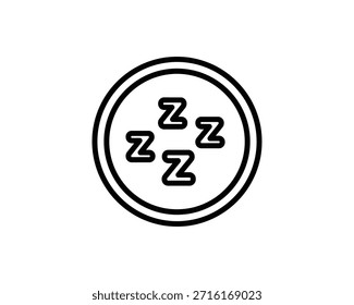 Un simple icono en blanco y negro que representa el sueño, el cansancio o el descanso con tres símbolos zzz dentro de un círculo.