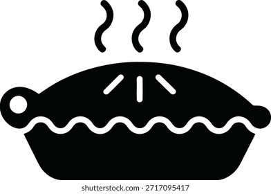 Icono blanco y negro simple que representa un pastel caliente y humeante con bordes ondulados, perfecto para diseños relacionados con la comida, menús o App. Aislado en un fondo blanco puro.