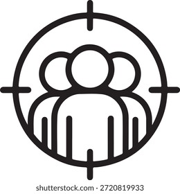 Ícone simples em preto-e-branco representando o público-alvo ou o foco do cliente com três pessoas em uma cruz circular simbolizando o foco do cliente.