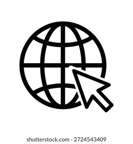 Icono simple en blanco y negro que representa el acceso global a Internet con un cursor