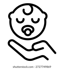 Un simple icono en blanco y negro que representa el cuidado del recién nacido con un bebé y la mano