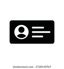 Simple black and white icon representing a personal identification card with a silhouette profile picture and lines indicating text fields for identification details