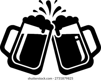 Simples ícone preto e branco representando duas canecas de cerveja clinking comemorando uma ocasião festiva em fundo transparente.