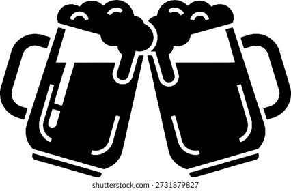 Simple black and white icon representing two frothy beer mugs clinking together in celebration on transparent background