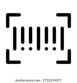 Un simple icono en blanco y negro que representa un código de escáner de código de barras. El diseño consiste en rayas blancas y negras de Vertical con soportes de escaneo en ambos lados, que simbolizan el escaneo de productos, la gestión de inventarios, la lectura de datos y la Identificación minorista.