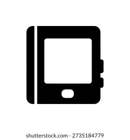 Simple black and white icon representing an e-reader device with a screen and buttons.