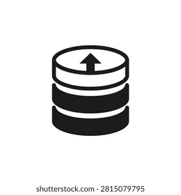 Simple black and white icon representing database growth, data storage, or server stack with an upward arrow indicating progress or increase.