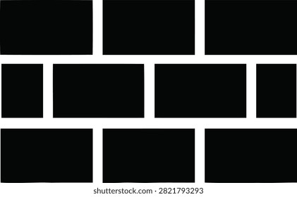 A simple black and white icon representing a brick wall, featuring a standard running bond pattern, perfect for construction or architecture themes.