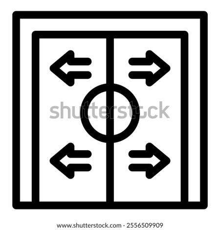 Simple black and white icon representing automatic double sliding doors opening and closing, with arrows indicating movement and a circle in the center