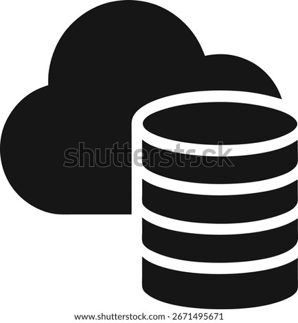 A simple black and white icon representing a cloud and a database, symbolizing cloud storage and data management. Isolated on a clean white background for versatility.