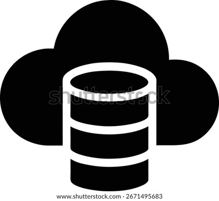 A simple black and white icon representing a cloud and a database, symbolizing cloud storage and data management. Isolated on a clean white background for versatility.