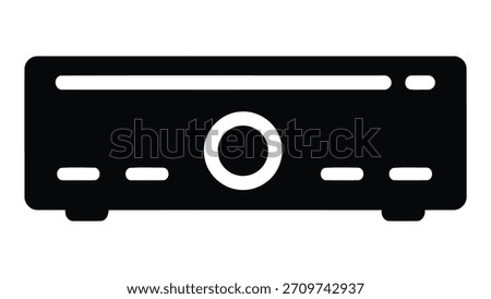 A simple black and white icon representing a car audio receiver with a prominent volume knob and control buttons for in car sound systems