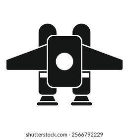 Simple black and white icon of a retro futuristic spacecraft taking off