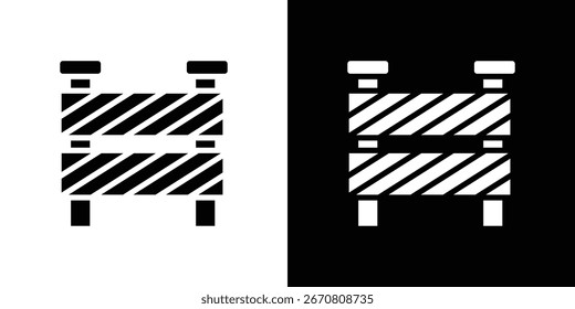 Icono blanco y negro simple de una barrera de carretera con rayas diagonales, aislado en fondos blancos y negros.