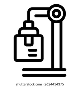Icono blanco y negro simple de un brazo robótico que levanta un paquete