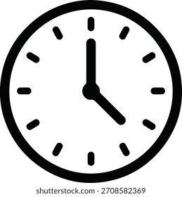 Einfaches Schwarz-Weiß-Symbol einer runden analogen Uhr mit Stunden- und Minutenzeigern, die ungefähr fünf Uhr gegen ein klares Weiß anzeigen