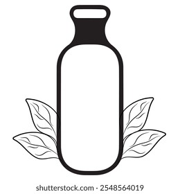 Icono blanco y negro simple de la botella cosmética semicircular con las hojas en dos lados que indican ingredientes naturales