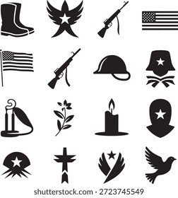 Sencillo conjunto de iconos en blanco y negro con varios símbolos conmemorativos del día, incluidos Elementos militares y motivos patrióticos que representan el recuerdo y el patriotismo.