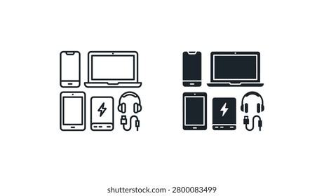 Simple black and white icon set showing two contrasting tech device configurations, including smartphones, tablets, laptops, power banks, and headphones for visual comparison.