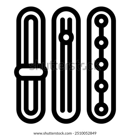 Simple black and white icon set representing three different vertical sliders controlling volume, frequency, balance