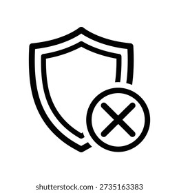 Um simples ícone em preto e branco de um escudo com um símbolo de cruz sobreposto, indicando violação de segurança ou falha de proteção.