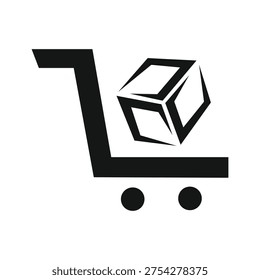 A simple black and white icon of a shopping cart with a cube in it